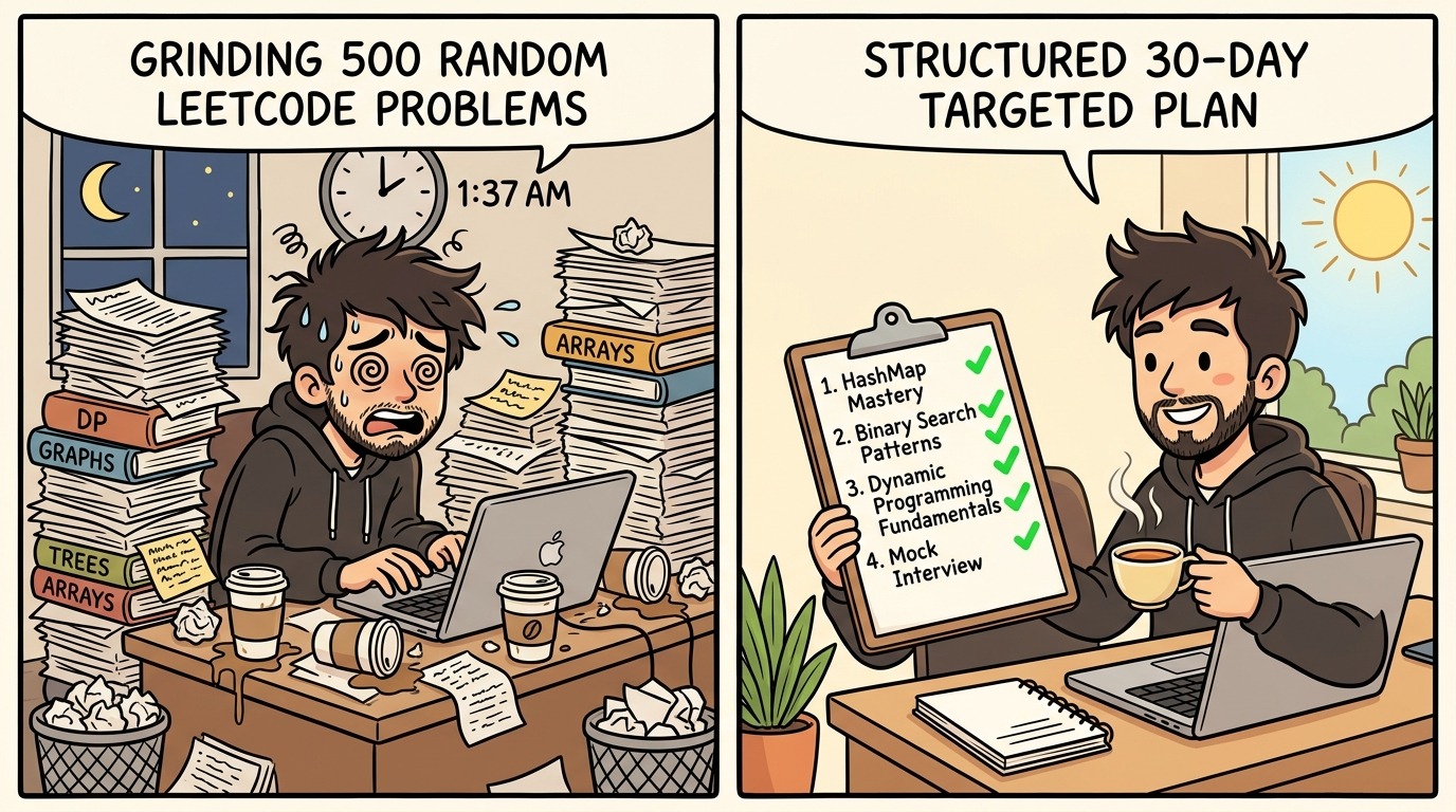 Humorous two-panel developer comic comparing chaotic LeetCode grinding against an organized 30-day study plan
