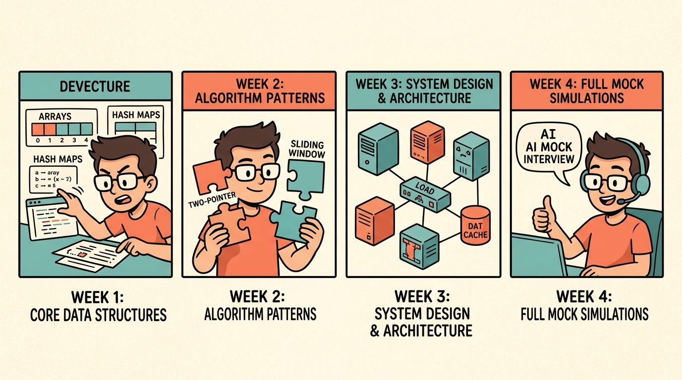 Four-panel webcomic strip showing the four phases of interview preparation from foundations to mock simulations