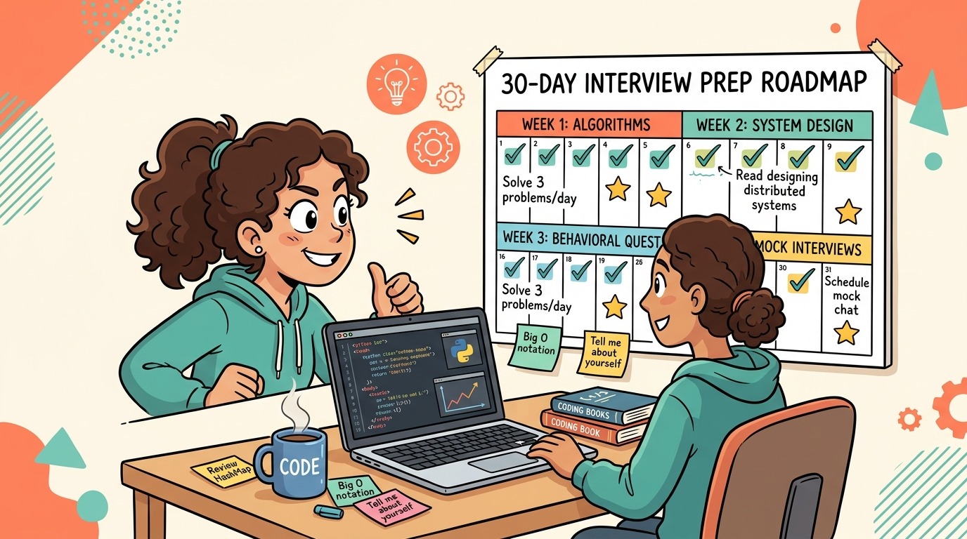 Software engineer celebrating a structured 30-day interview prep roadmap on a colorful webcomic calendar