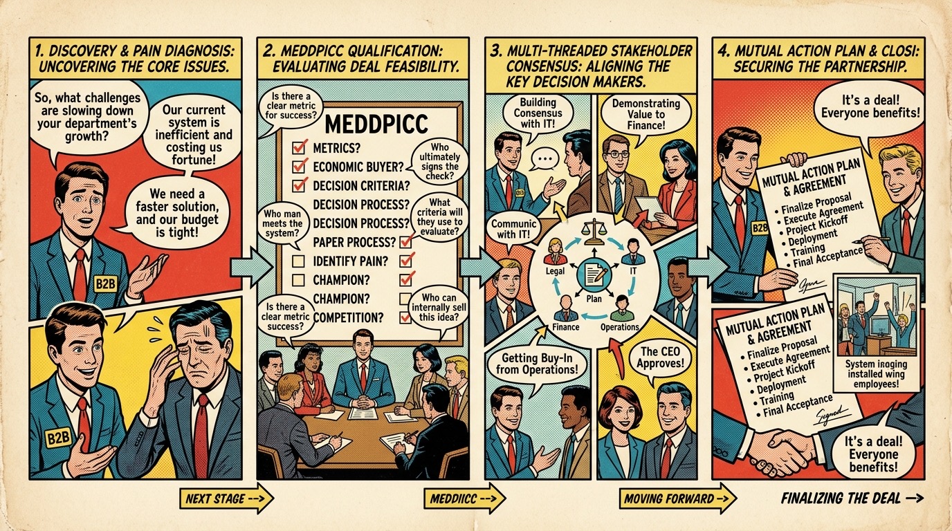 Sequential enterprise B2B sales cycle roadmap showing discovery, MEDDPICC qualification, multi-threaded alignment, and mutual action plans in vintage comic style