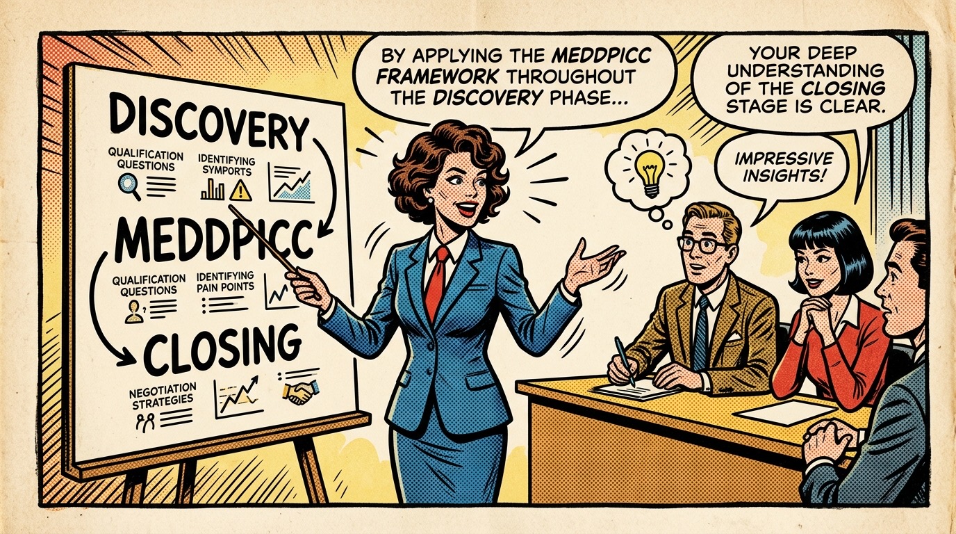 A B2B SaaS Account Executive presenting pipeline metrics and MEDDPICC qualification stages to an interview panel in classic comic pop-art style