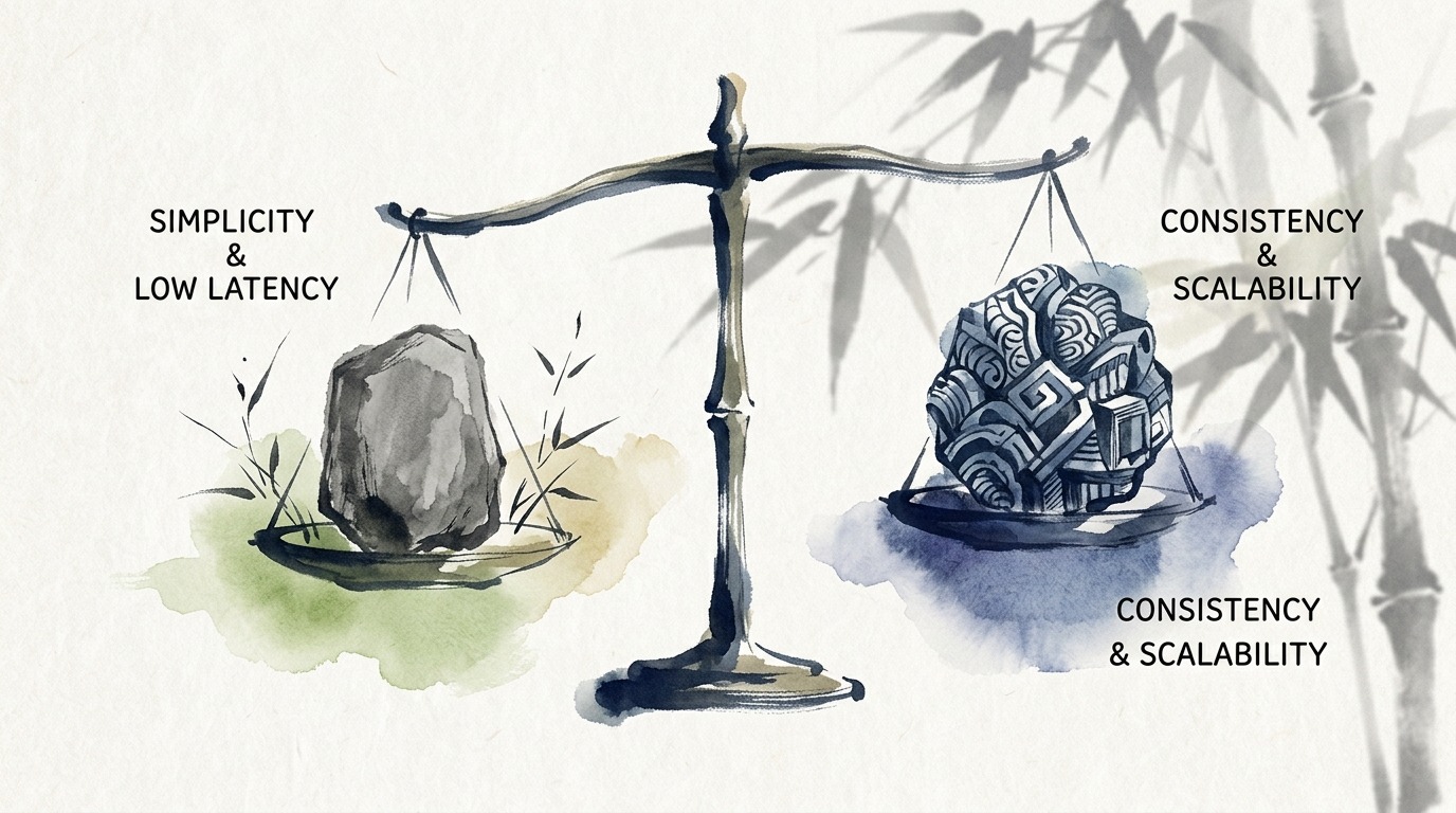 Artistic Sumi-e watercolor balance scale weighing simplicity and low latency against consistency and scalability