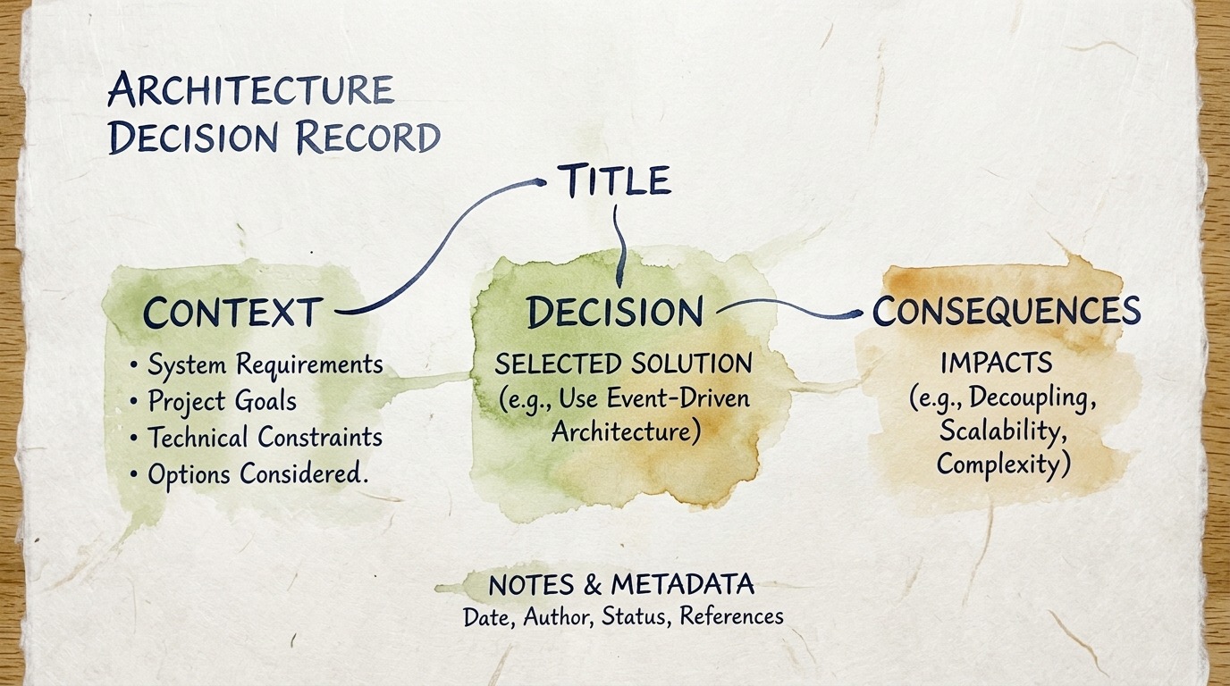 Anatomy of an Architecture Decision Record showing Title, Context, Decision, and Consequences rendered on washi paper