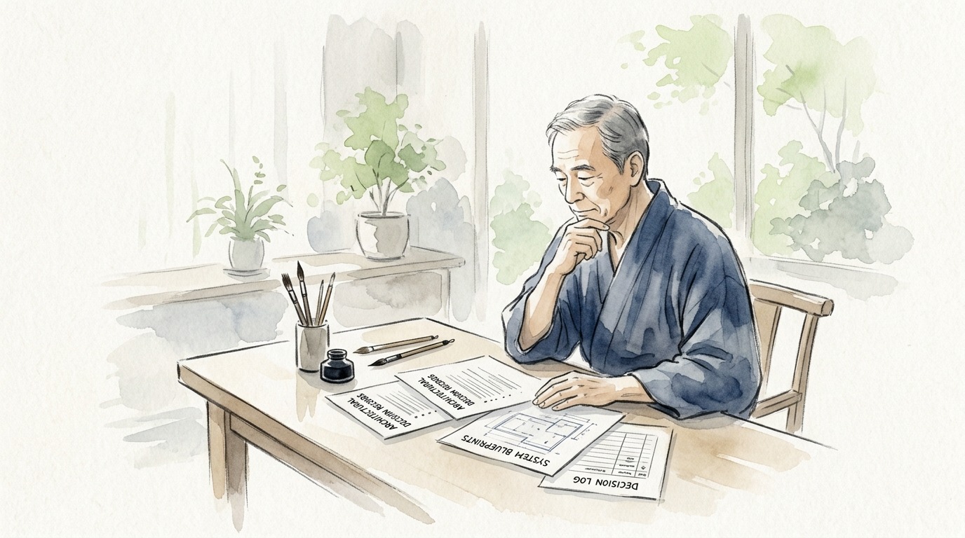 Thoughtful software architect evaluating system blueprints and architecture decision records in a tranquil watercolor aesthetic