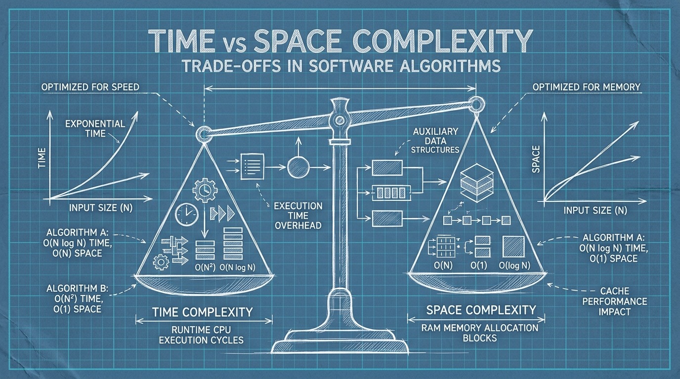 Technical blueprint illustration of the time versus space complexity trade-off balanced on a mechanical scale