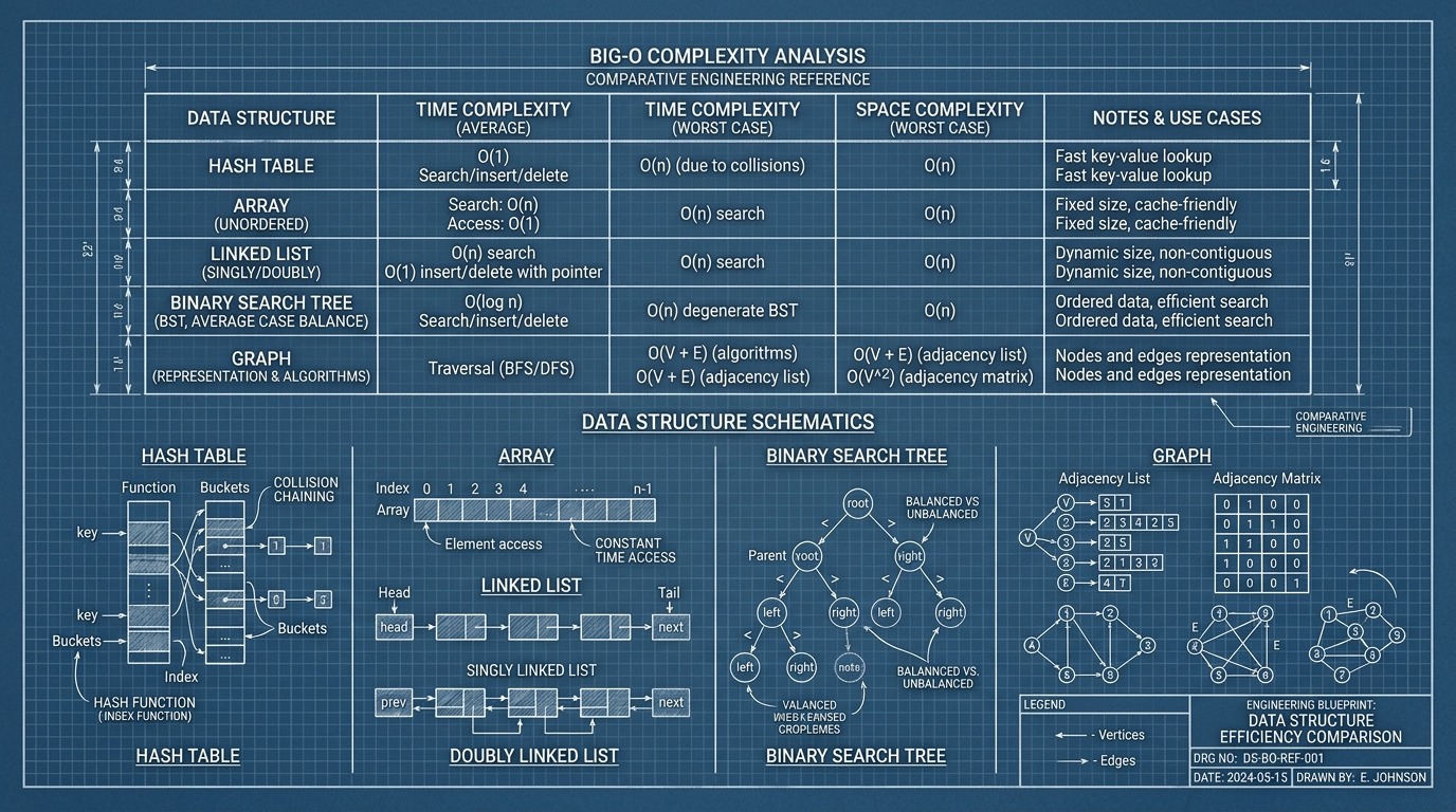Architectural blueprint comparison matrix showing Big-O time and space complexity for core data structures