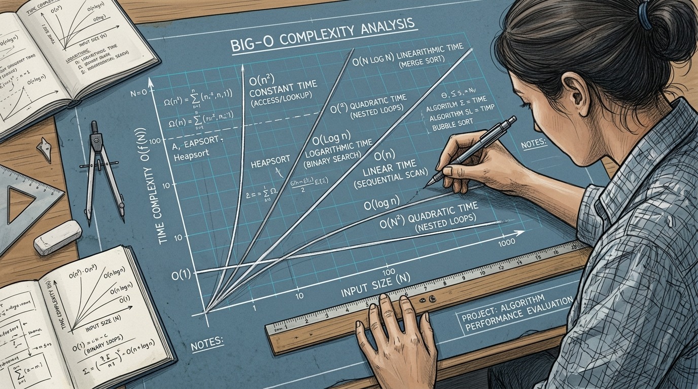 A software engineer analyzing Big-O complexity curves on an architectural blueprint drafting table
