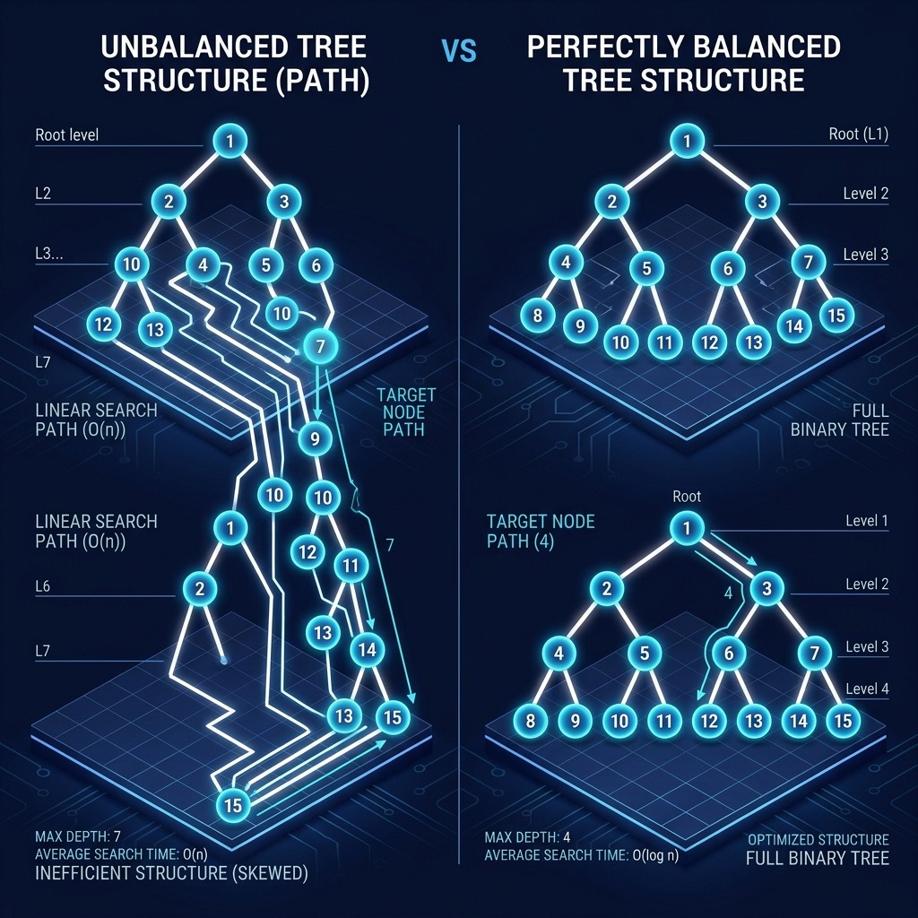 Comparison between an unbalanced tree and a perfectly balanced tree