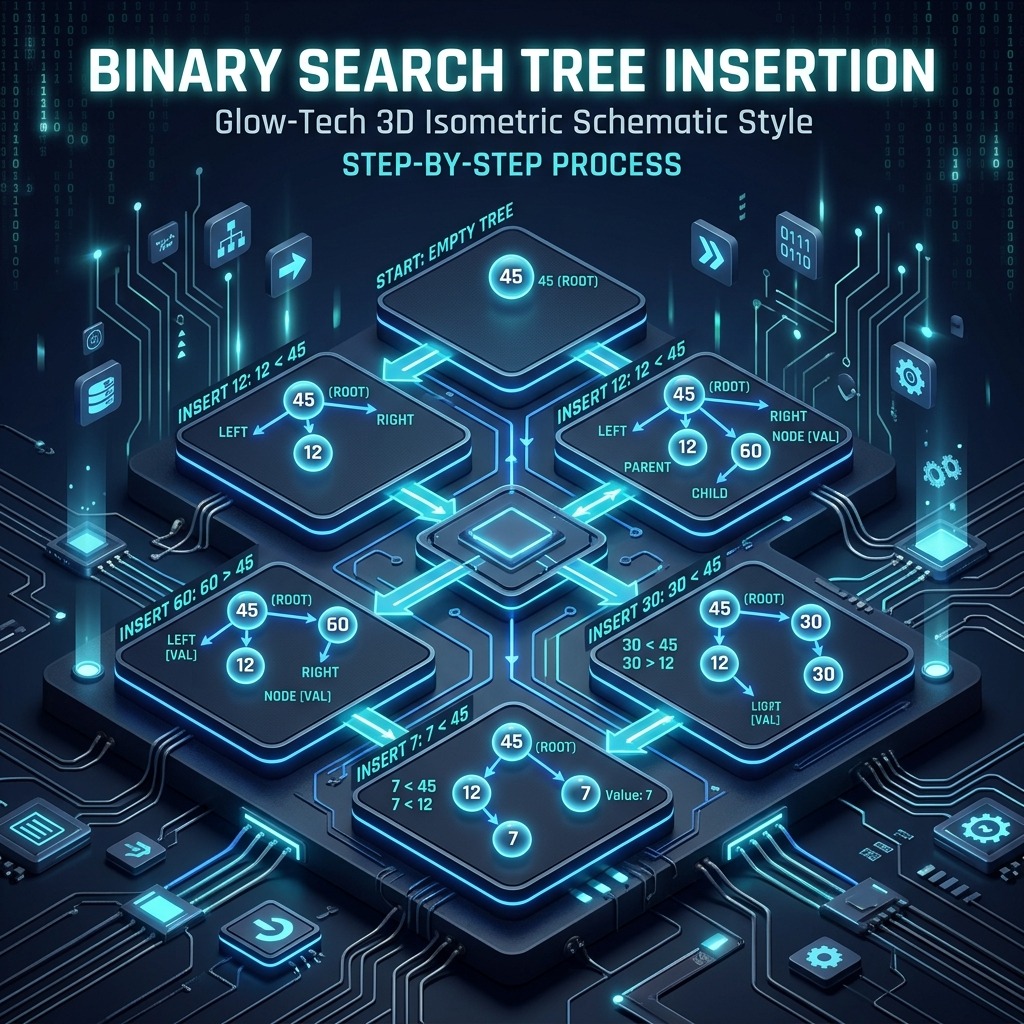 3D isometric diagram explaining a binary search tree insertion