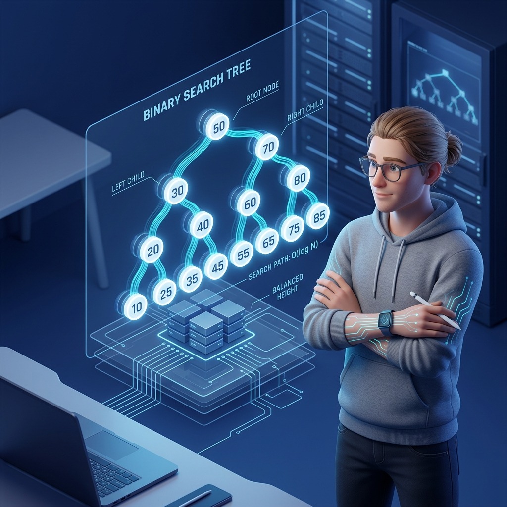 A developer analyzing a glowing 3D isometric representation of a binary search tree