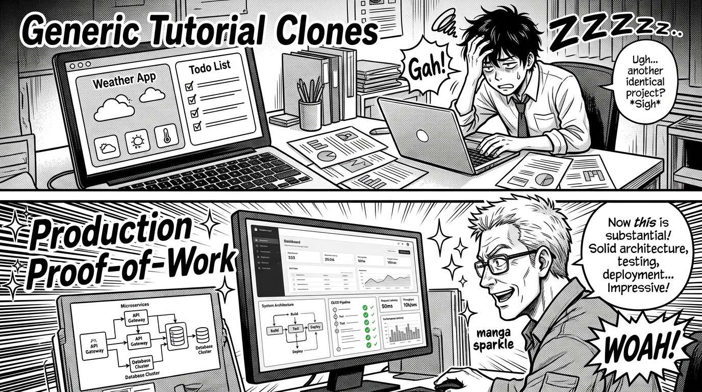 Manga split panel comparing generic tutorial clones with production proof-of-work developer portfolios
