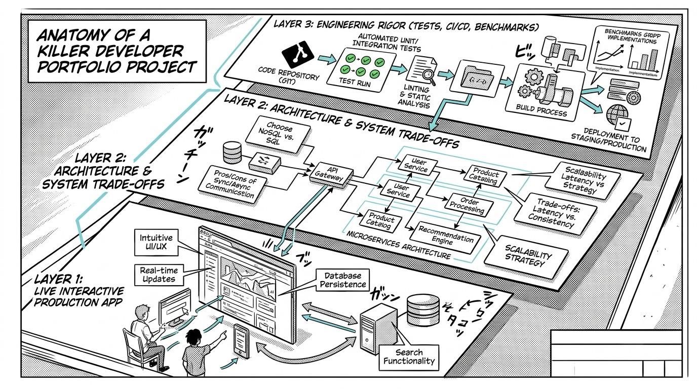 Manga technical architecture diagram showing the three layers of an impactful engineering portfolio project
