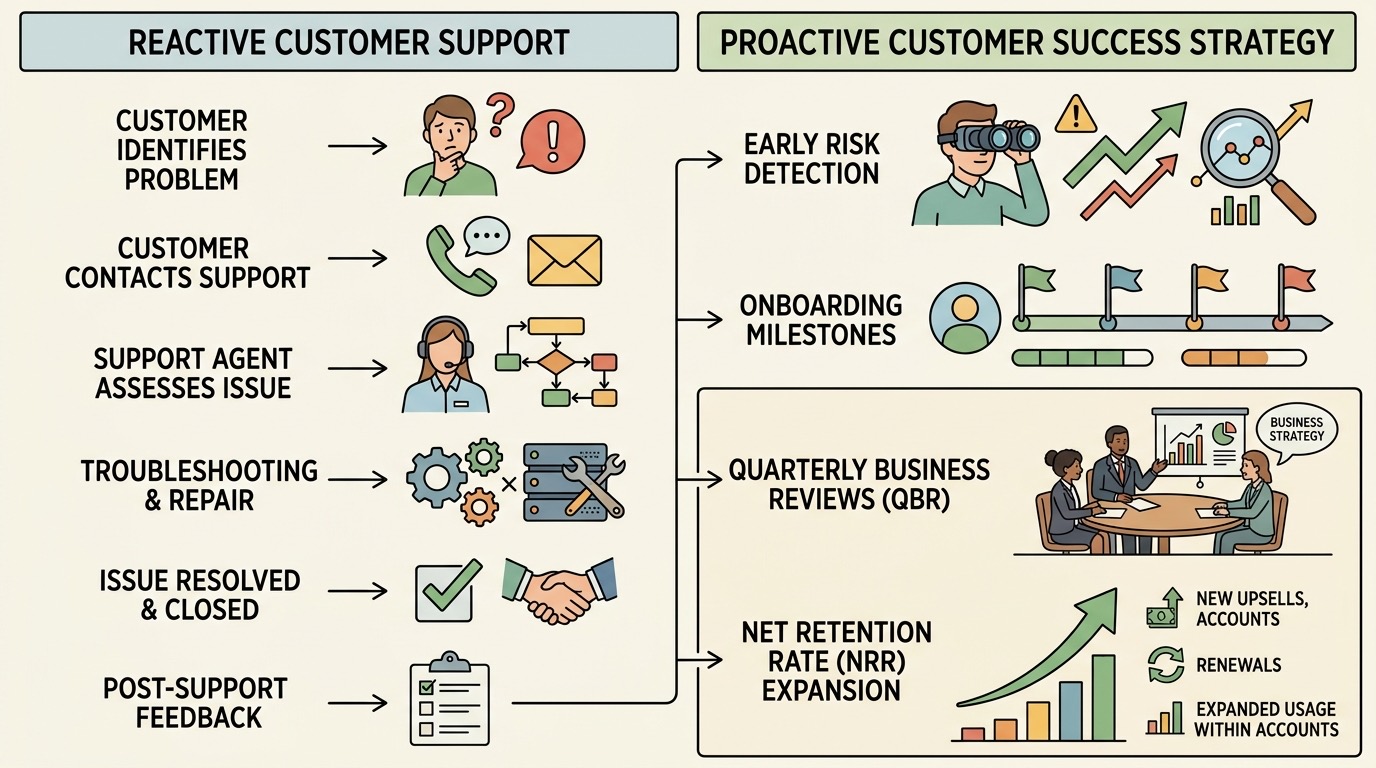 Comparison diagram of reactive customer support versus proactive customer success strategy