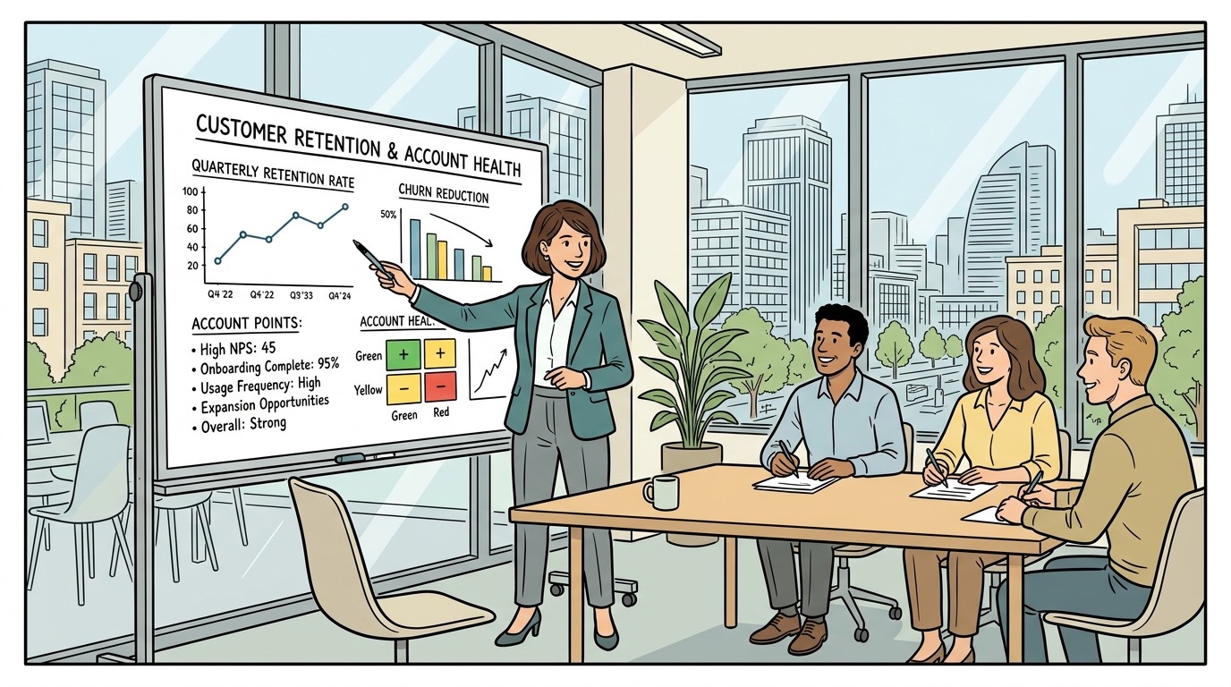 A Customer Success Manager presenting account health metrics and quarterly retention rates to an interview panel