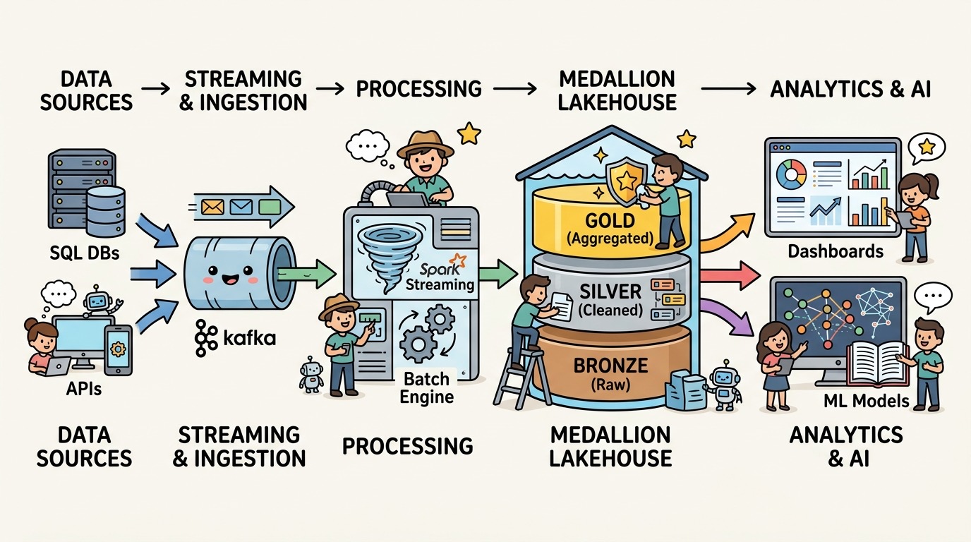 End-to-end data engineering architecture flowchart showing ingestion, Kafka, Spark streaming, and Lakehouse storage