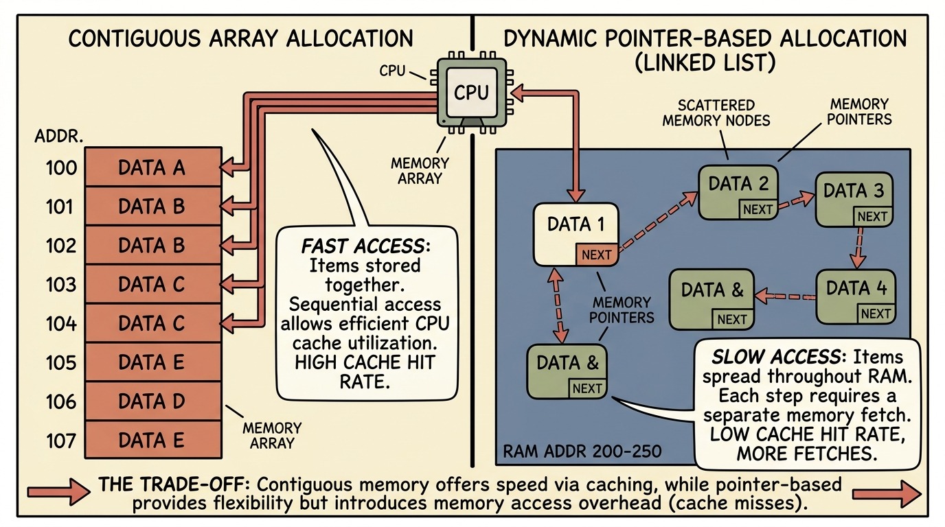 Side-by-side memory layout comparison between contiguous arrays and dynamic pointer-based structures