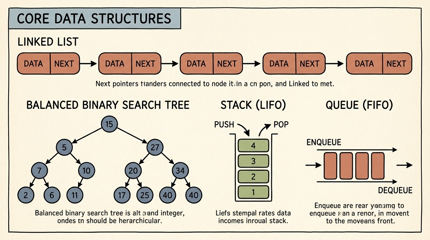 Educational ligne claire schematic comparing linked lists, binary search trees, stacks, and queues