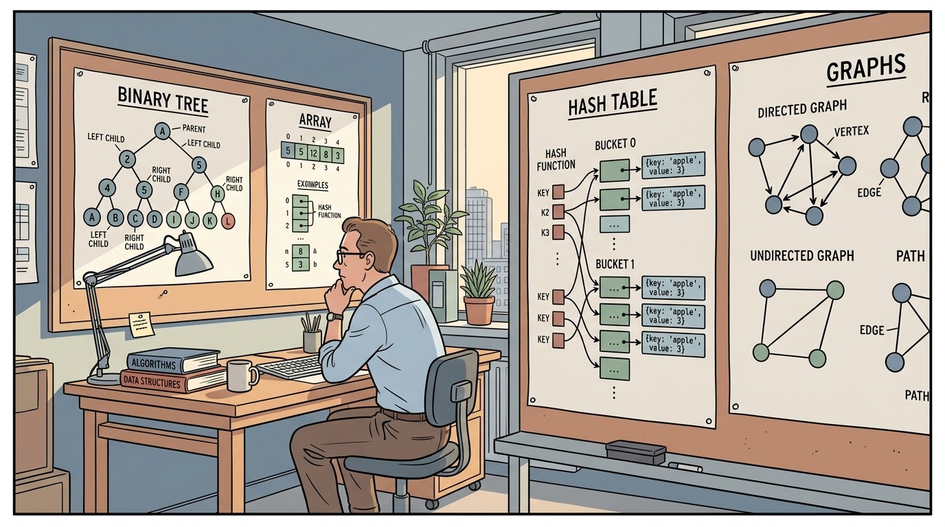 Software engineer studying data structure diagrams in Franco-Belgian ligne claire style