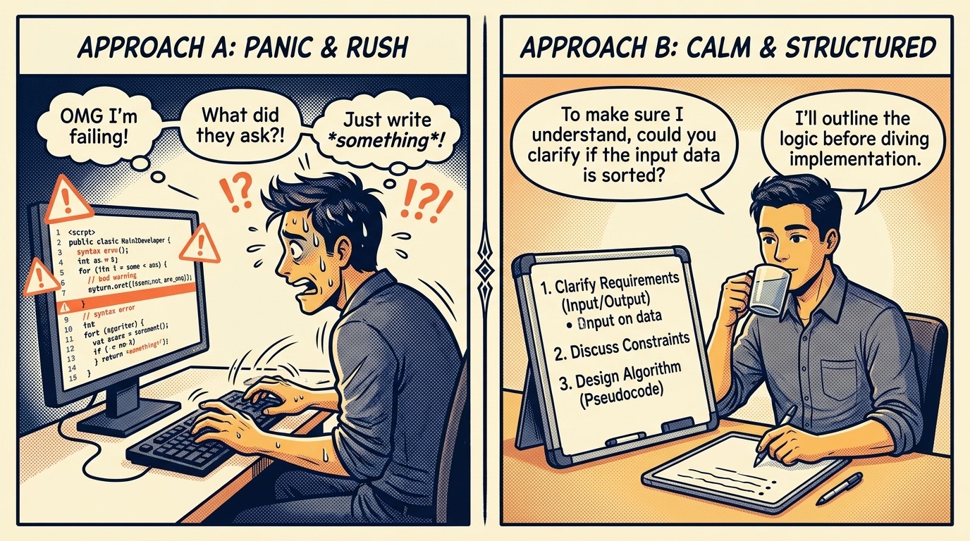 Side-by-side comparison of interview panic vs structured calm