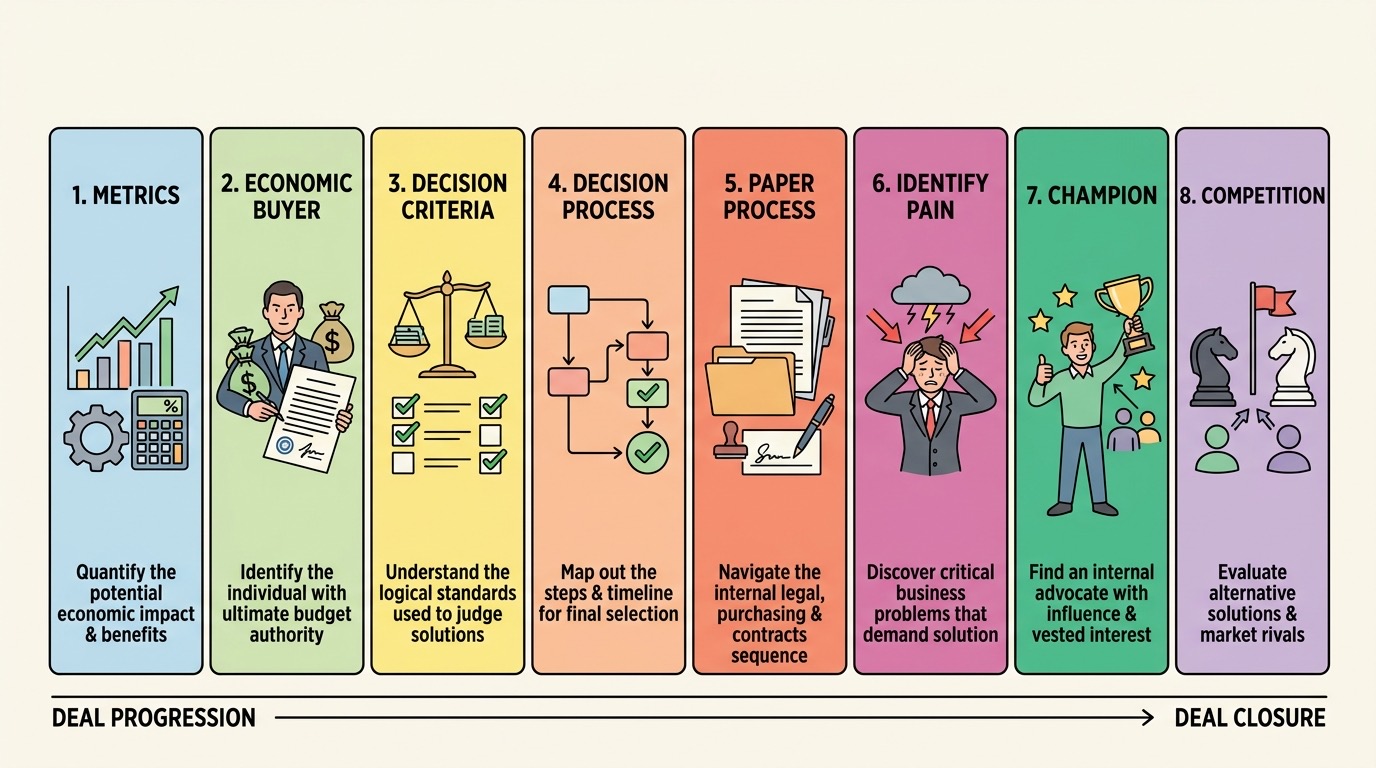 Visual MEDDPIC enterprise deal qualification schema showing metrics economic buyer and decision process milestones