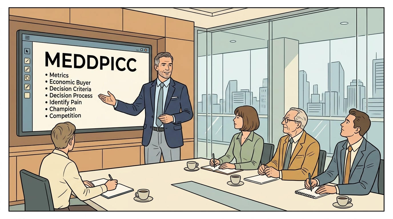 An enterprise sales director presenting a strategic MEDDPICC deal roadmap to an executive interview panel in clean Ligne Claire style