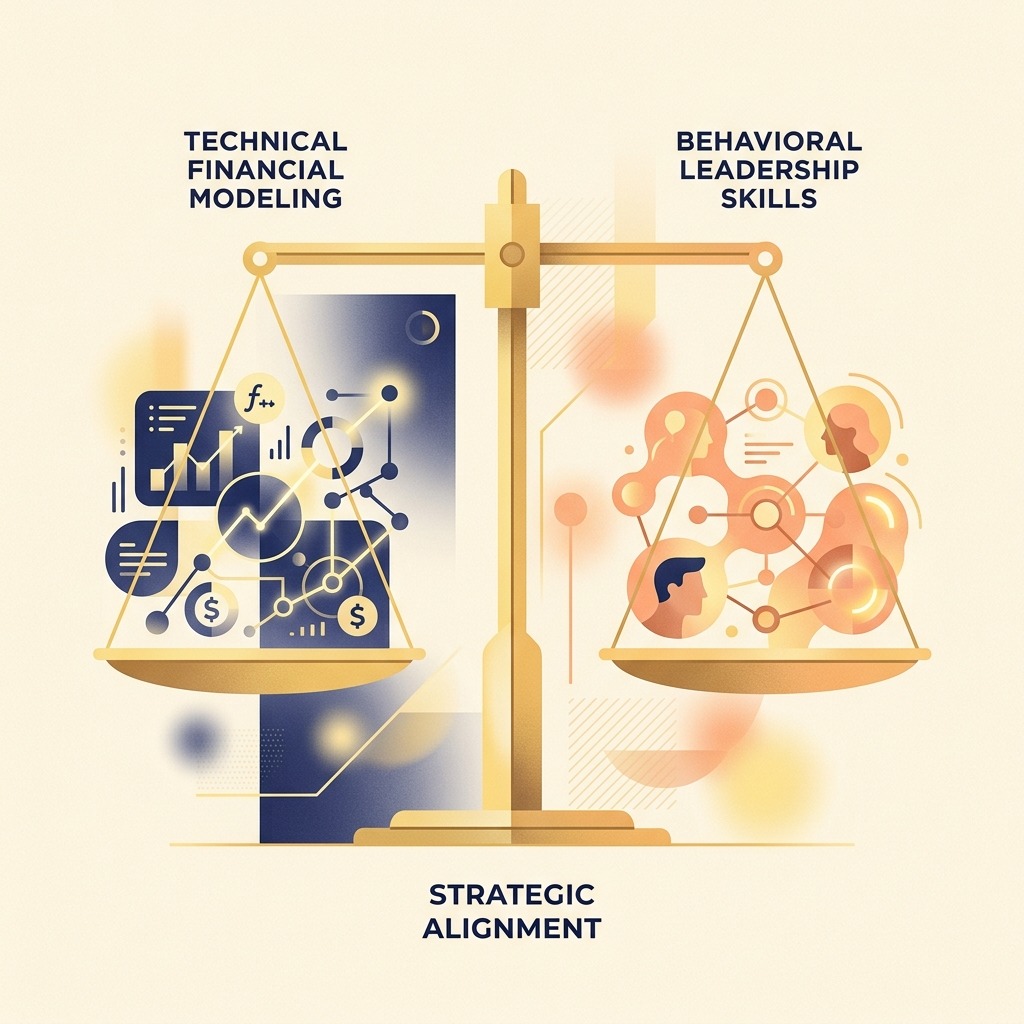 Modern balanced scale aligning technical financial modeling and behavioral leadership skills