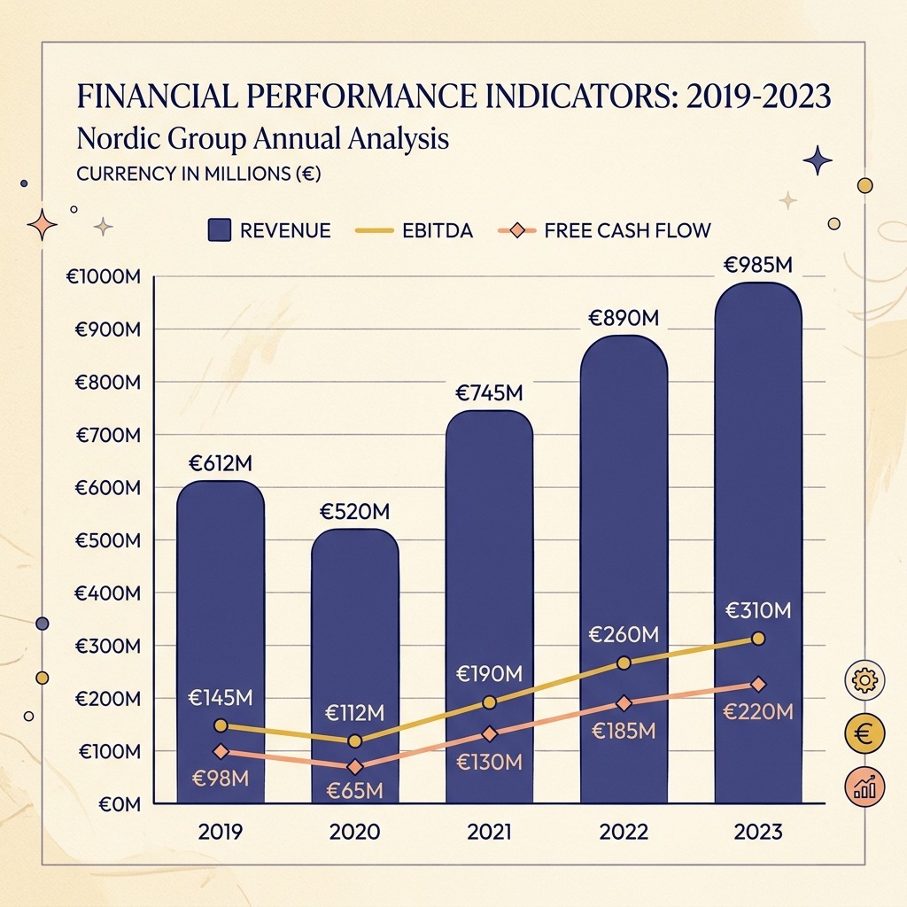 Growth and Performance Chart mapping financial indicators like Revenue and EBITDA