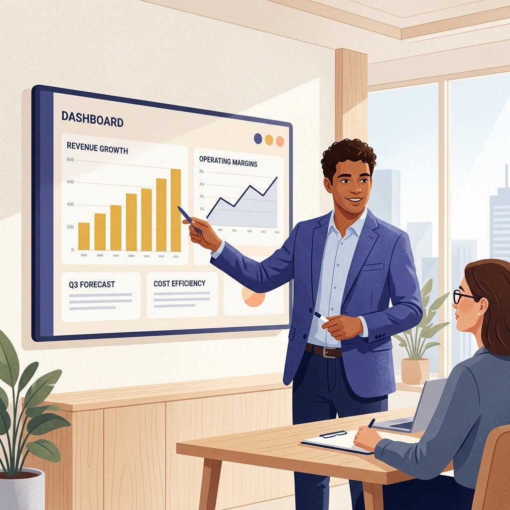 Candidate pointing to financial dashboard during an interview