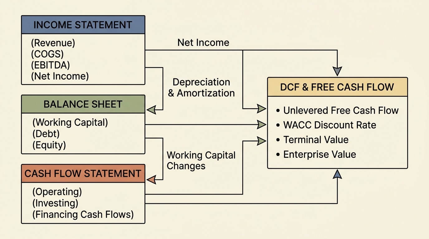 Architectural diagram showing 3-statement financial model integration linking to DCF valuation and WACC in Franco-Belgian Ligne Claire style