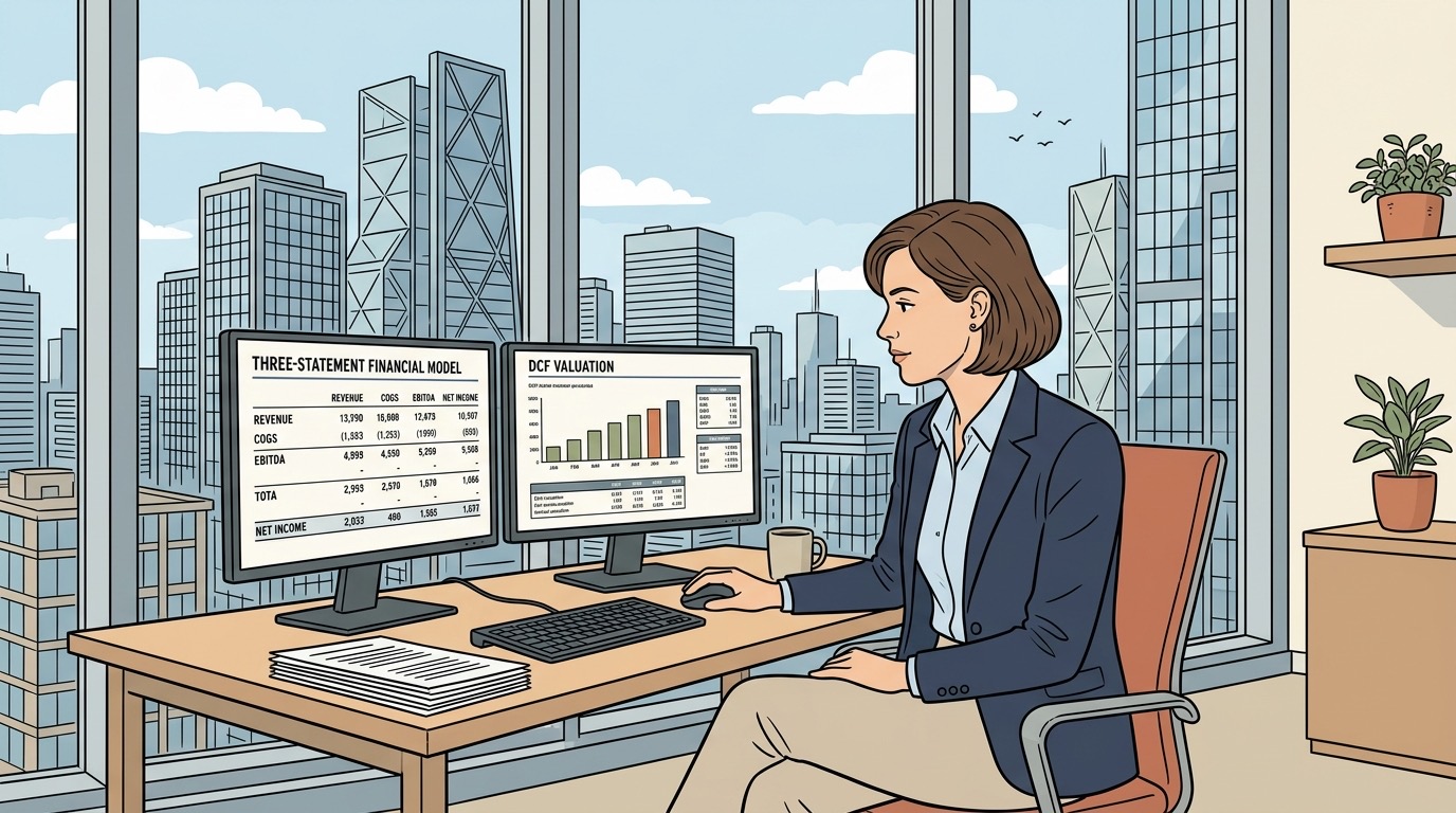 A financial analyst presenting a three-statement model and DCF valuation on dual displays in Franco-Belgian Ligne Claire style