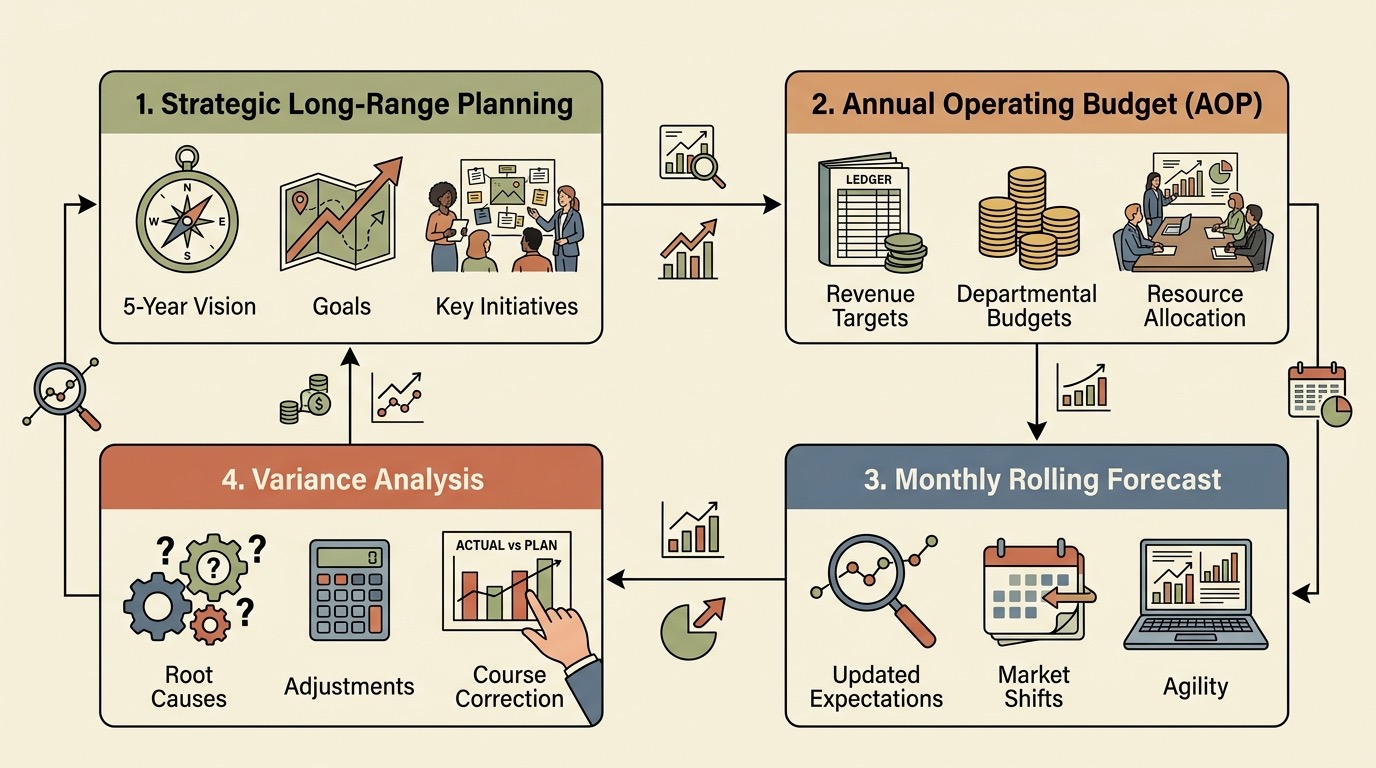 A clean conceptual diagram of the four-stage FP&A operating cycle from strategic planning to variance analysis in Ligne Claire style
