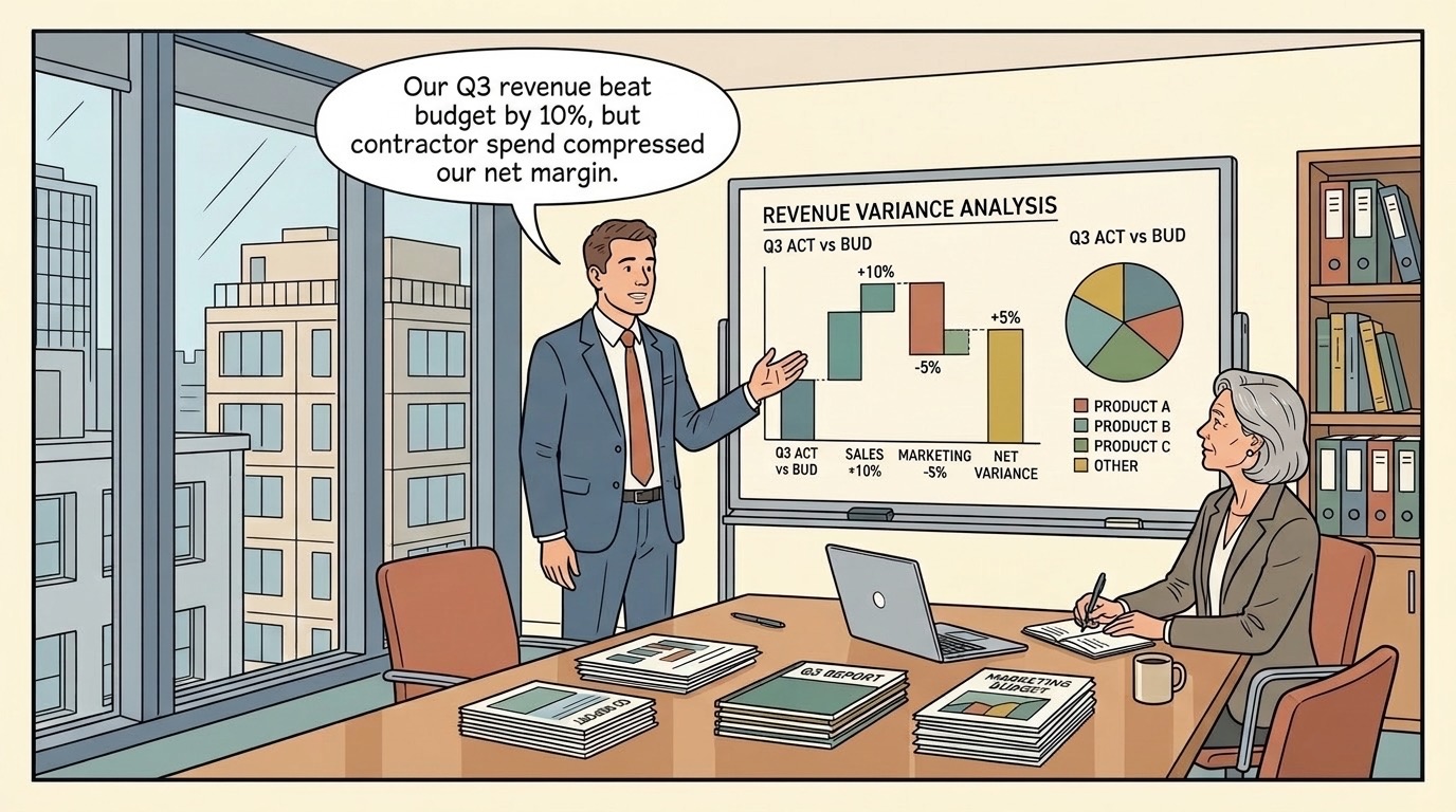 A Financial Planning and Analysis Analyst presenting a quarterly revenue variance waterfall chart to an executive in Ligne Claire style