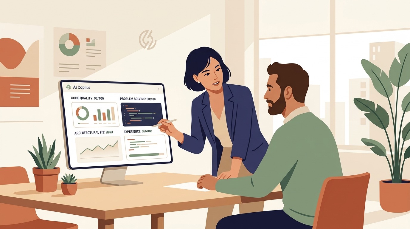 Engineering hiring manager and recruiter collaborating with an AI copilot dashboard to evaluate candidate skills with human judgment
