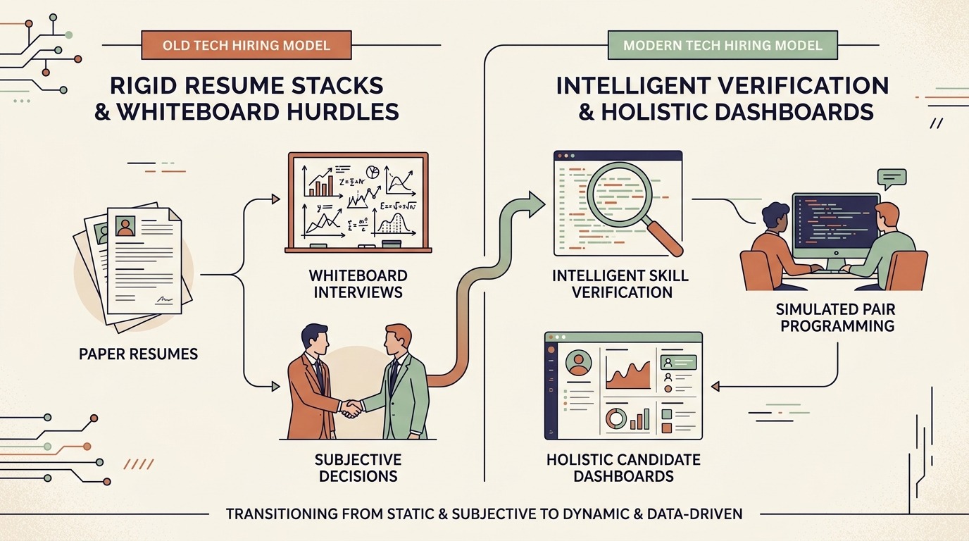 Comparative flowchart diagram showing the shift from traditional resume filters and whiteboard coding to modern intelligent skill verification and simulated pair programming