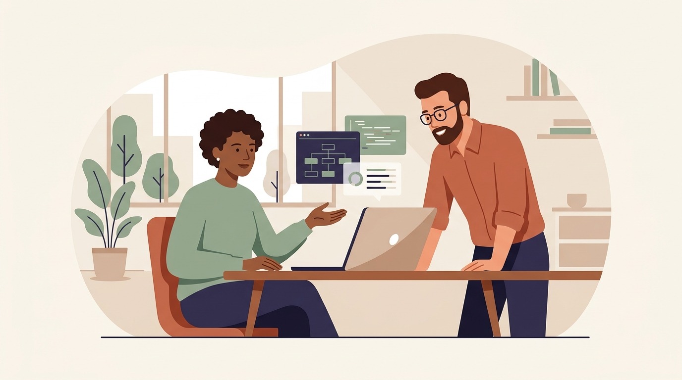 Nordic editorial vector illustration of a candidate and interviewer collaborating around a laptop with skills assessment data cards