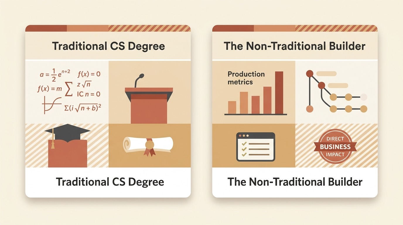 Side-by-side comparison between academic theory and pragmatic builder strengths