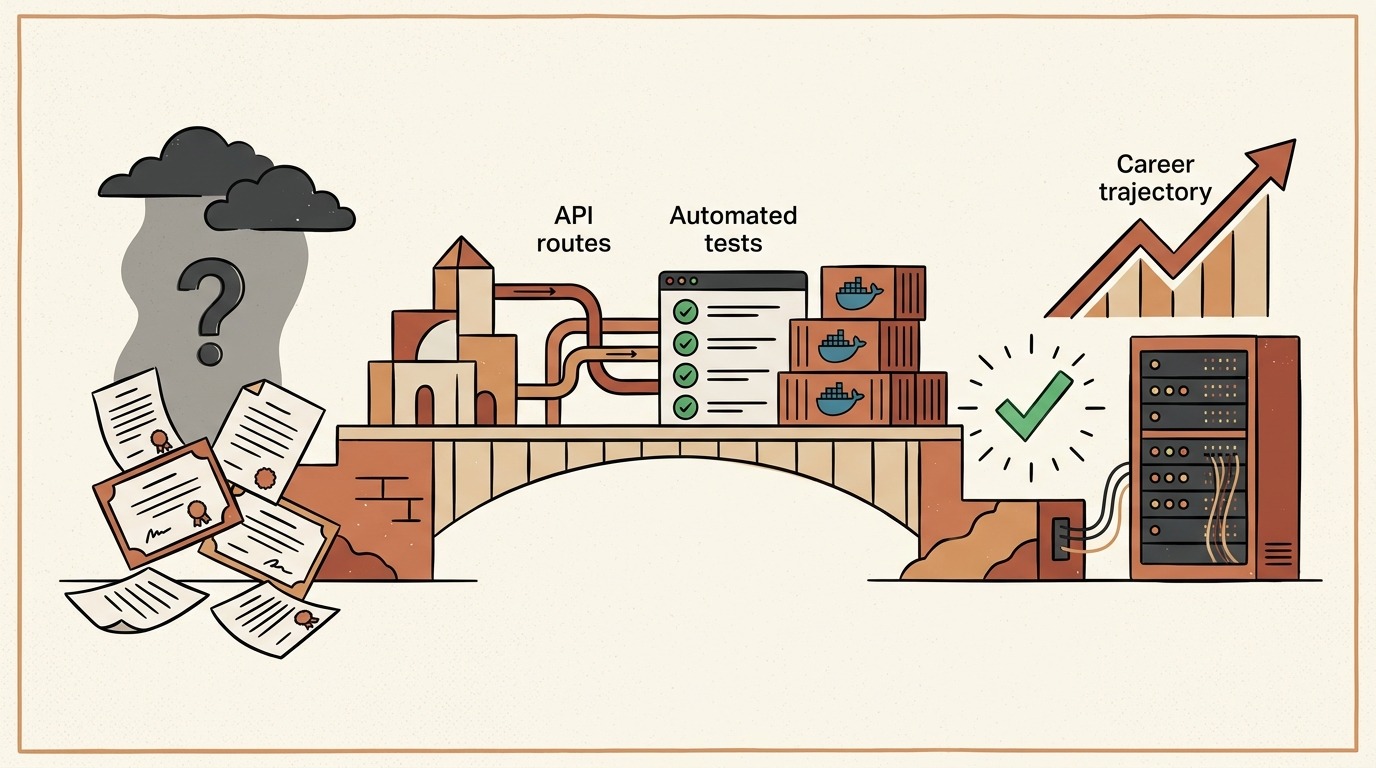 Metaphorical progression from imposter syndrome to engineering builder confidence
