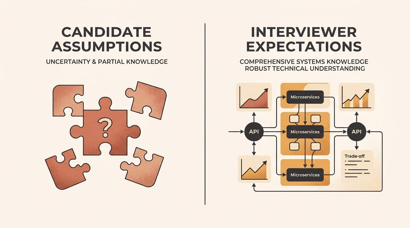 Infographic comparing candidate assumptions about incomplete projects versus interviewer expectations