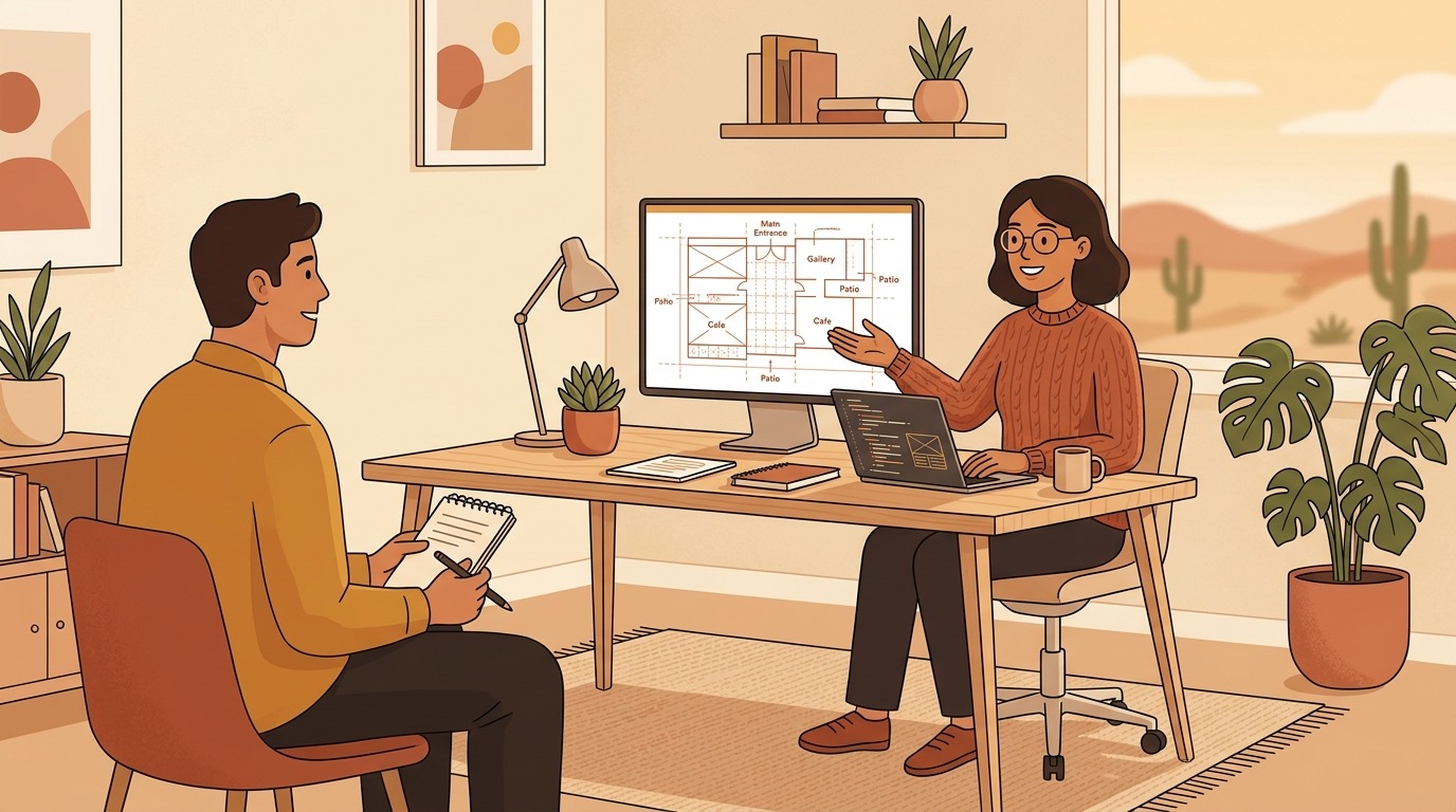 Software engineer explaining an in-progress architectural wireframe to a tech interviewer