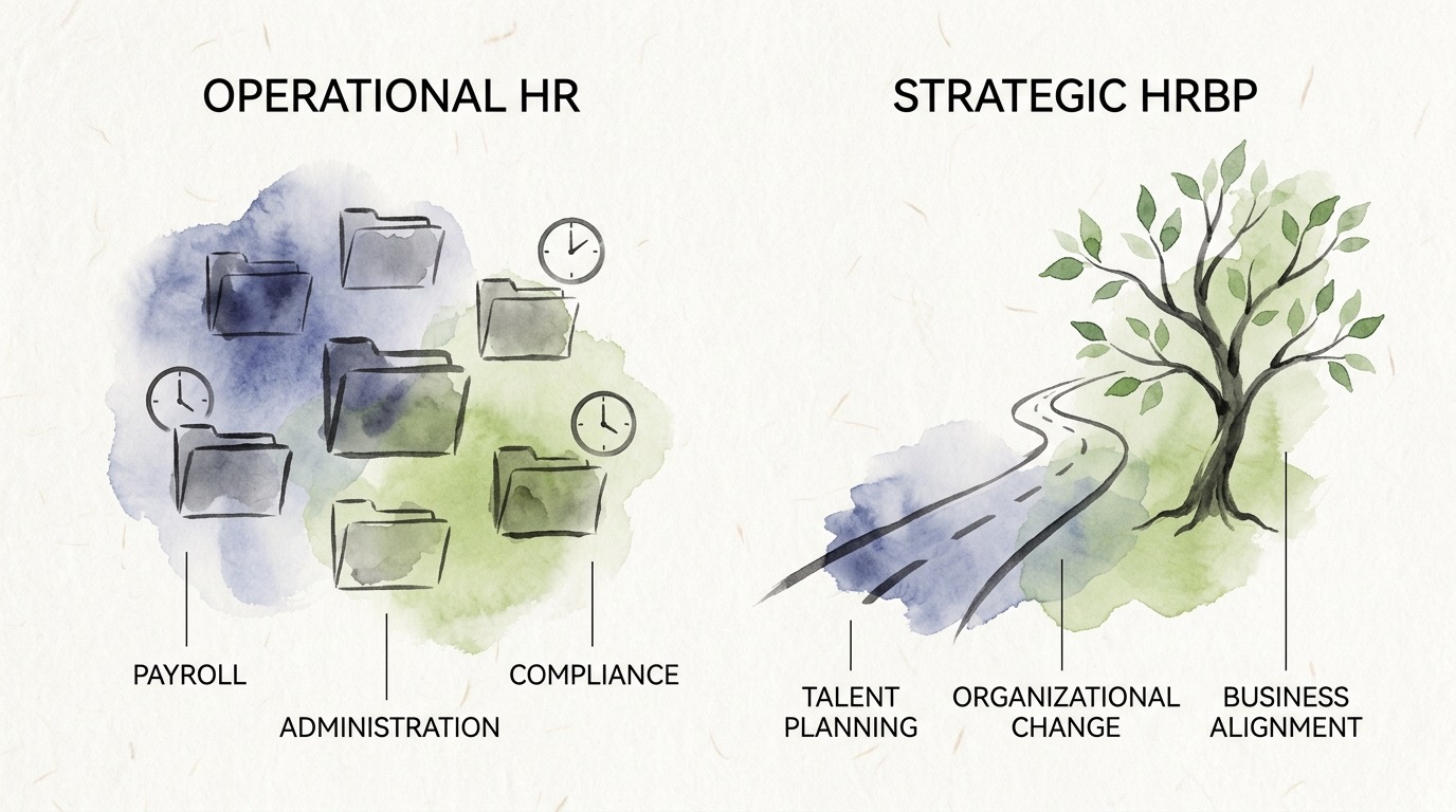 Conceptual Japanese watercolor diagram contrasting Operational HR tasks with Strategic HR Business Partnering competencies