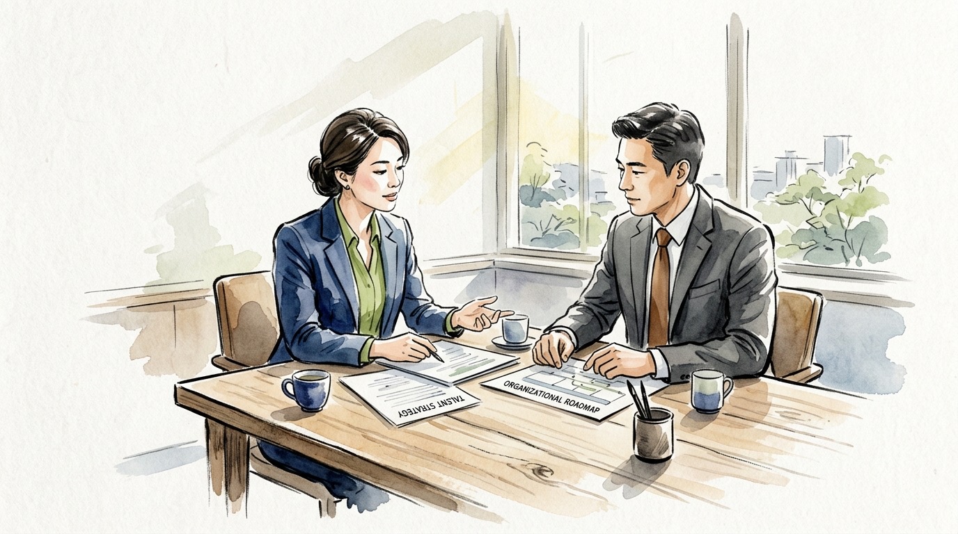 A Senior HR Business Partner discussing talent strategy and organizational roadmap with an executive in Japanese watercolor style