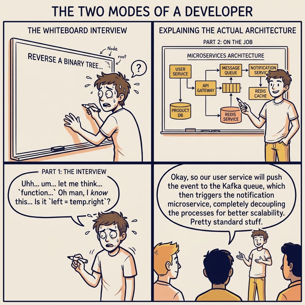 The two modes of a developer: struggling at whiteboard vs confident on the job