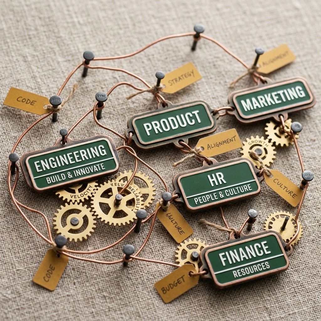 Interconnected professional role badges linking Product, Marketing, HR, Finance, and Engineering