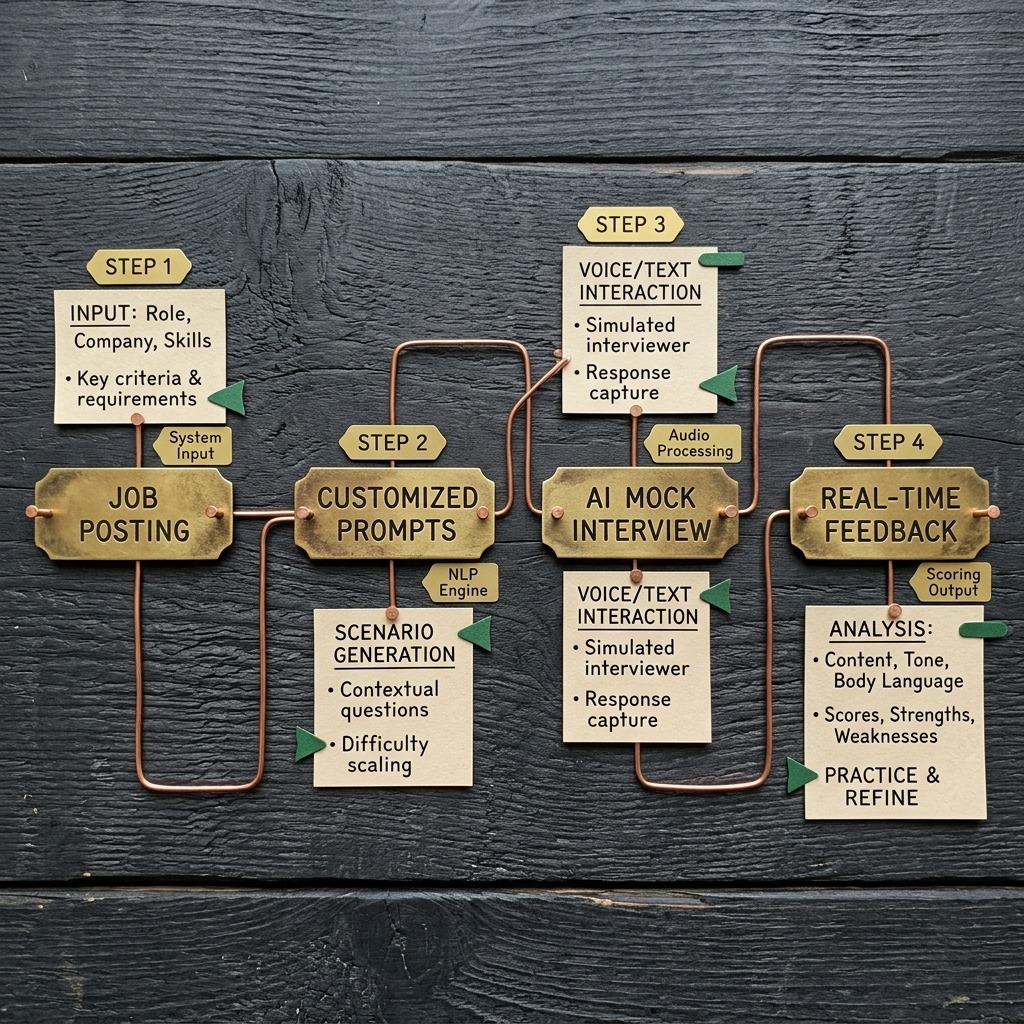 Technical diagram showing the workflow from job posting to AI mock interview and real-time feedback