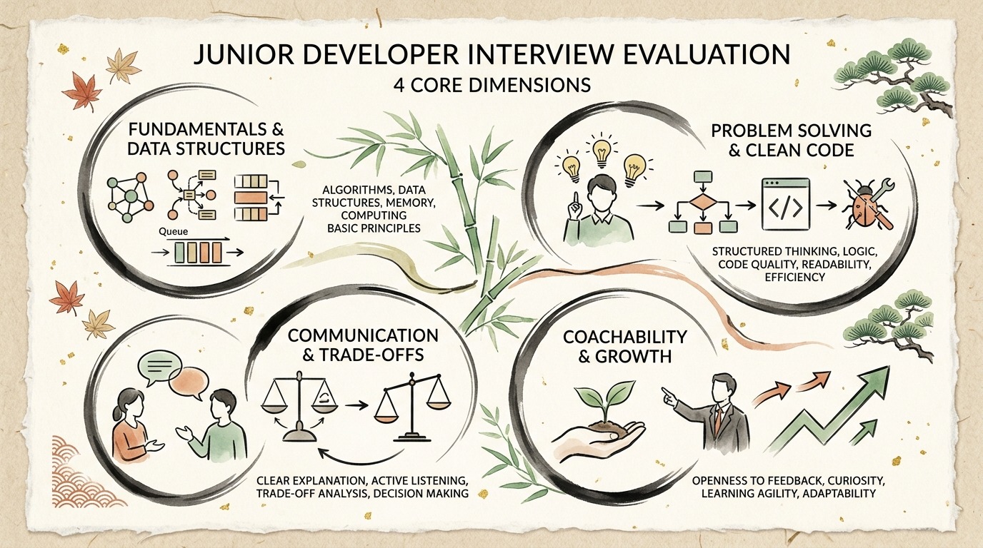 The four core evaluation dimensions for junior developer interviews