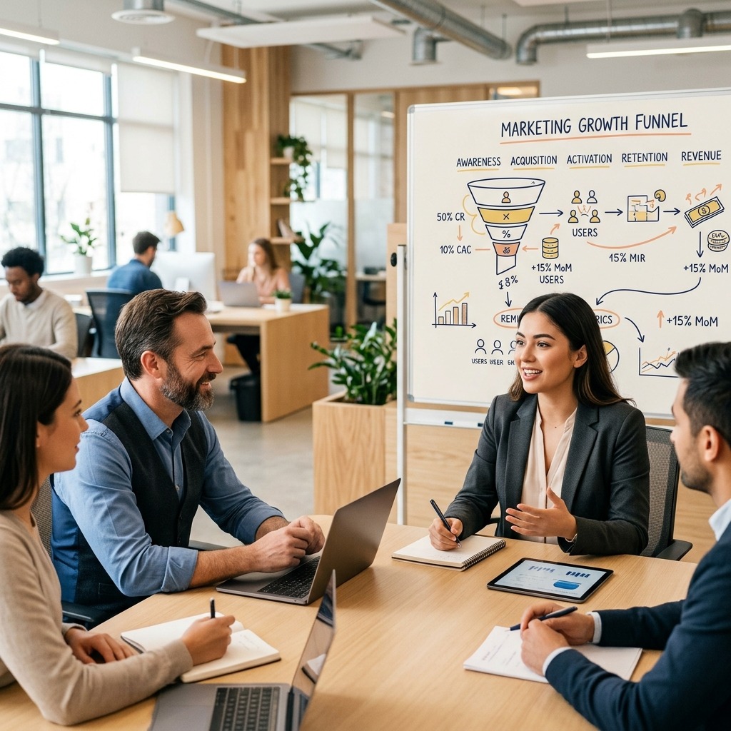 A candidate in a marketing tech interview speaking confidently with interviewers