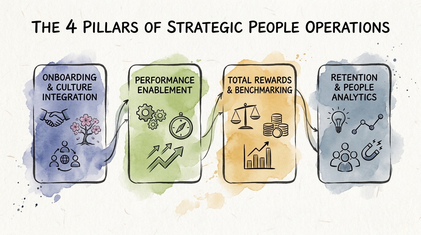 Flowchart showing the four pillars of strategic people operations from onboarding to retention in Japanese watercolor style
