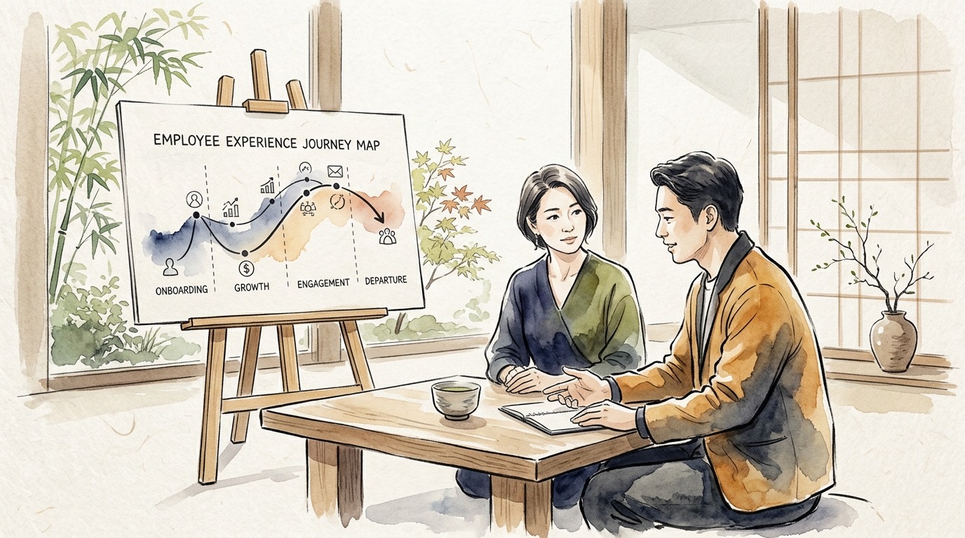 People Operations Director discussing employee experience journey with team members in serene Japanese watercolor and Sumi-e style