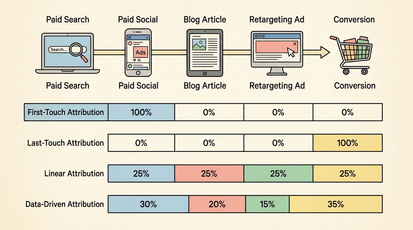 Multi-touch attribution models comparing First-Touch, Last-Touch, and Data-Driven conversion attribution pathways