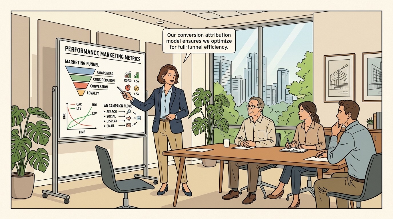 Performance marketing manager presenting CAC, ROAS, and multichannel funnel metrics in an executive interview